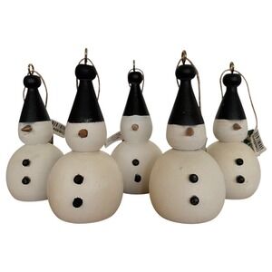 Crate & Barrel Wood Snowman Christmas Tree Ornament White Black Set of 5